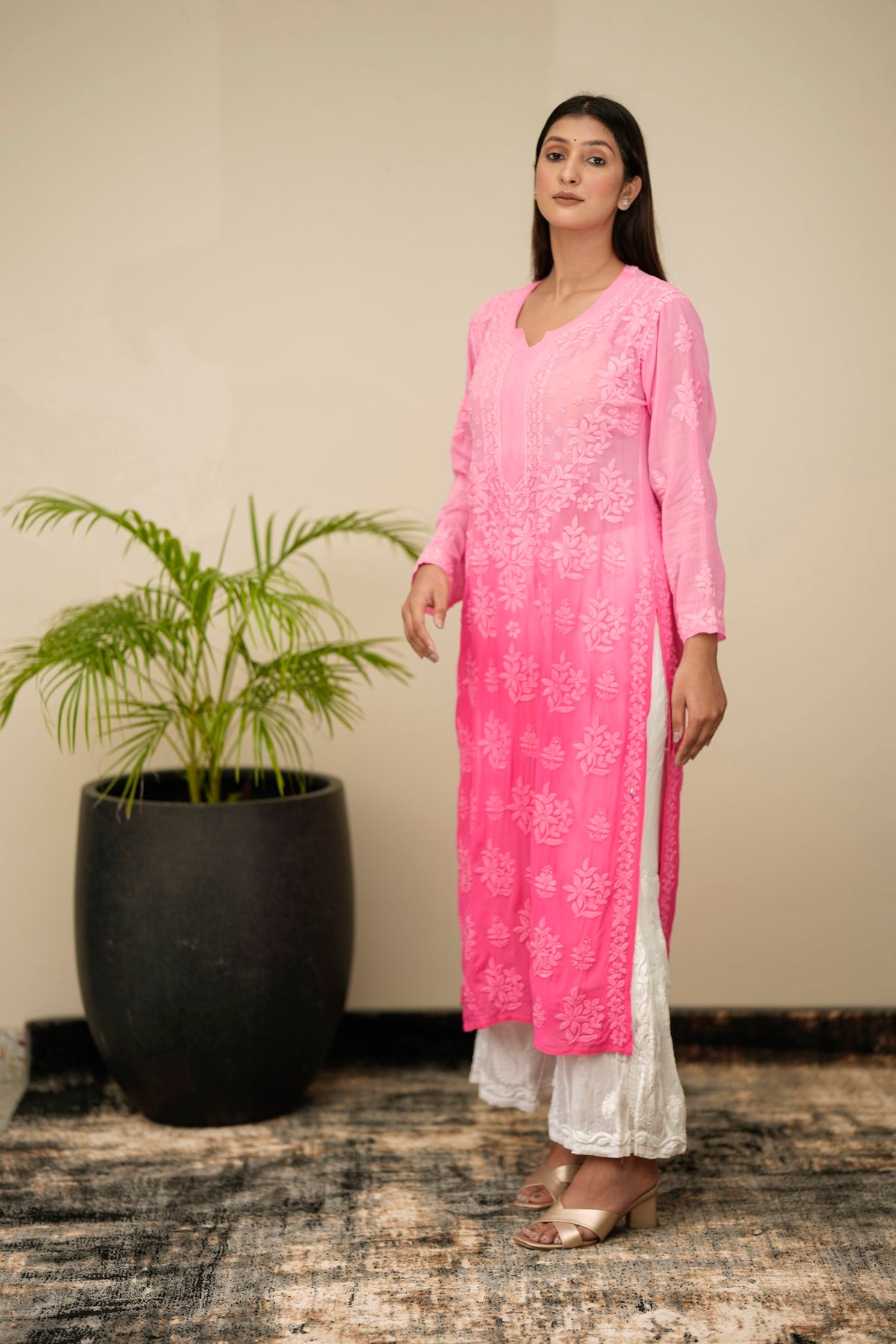 Luxurious wine-colored Georgette Chikankari long kurta by LVW Fashion, showcasing intricate embroidery and elegant design.