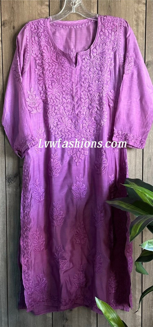 Wine-colored Mahir Silk Pure Chikankari Kurta with matching pants and dupatta, featuring intricate embroidery from LVW Fashion Luxurious Chikankari.