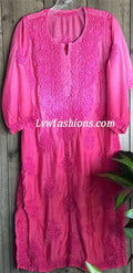 Wine-colored Mahir Silk Pure Chikankari Kurta with matching pant and dupatta, featuring intricate embroidery and inner lining.
