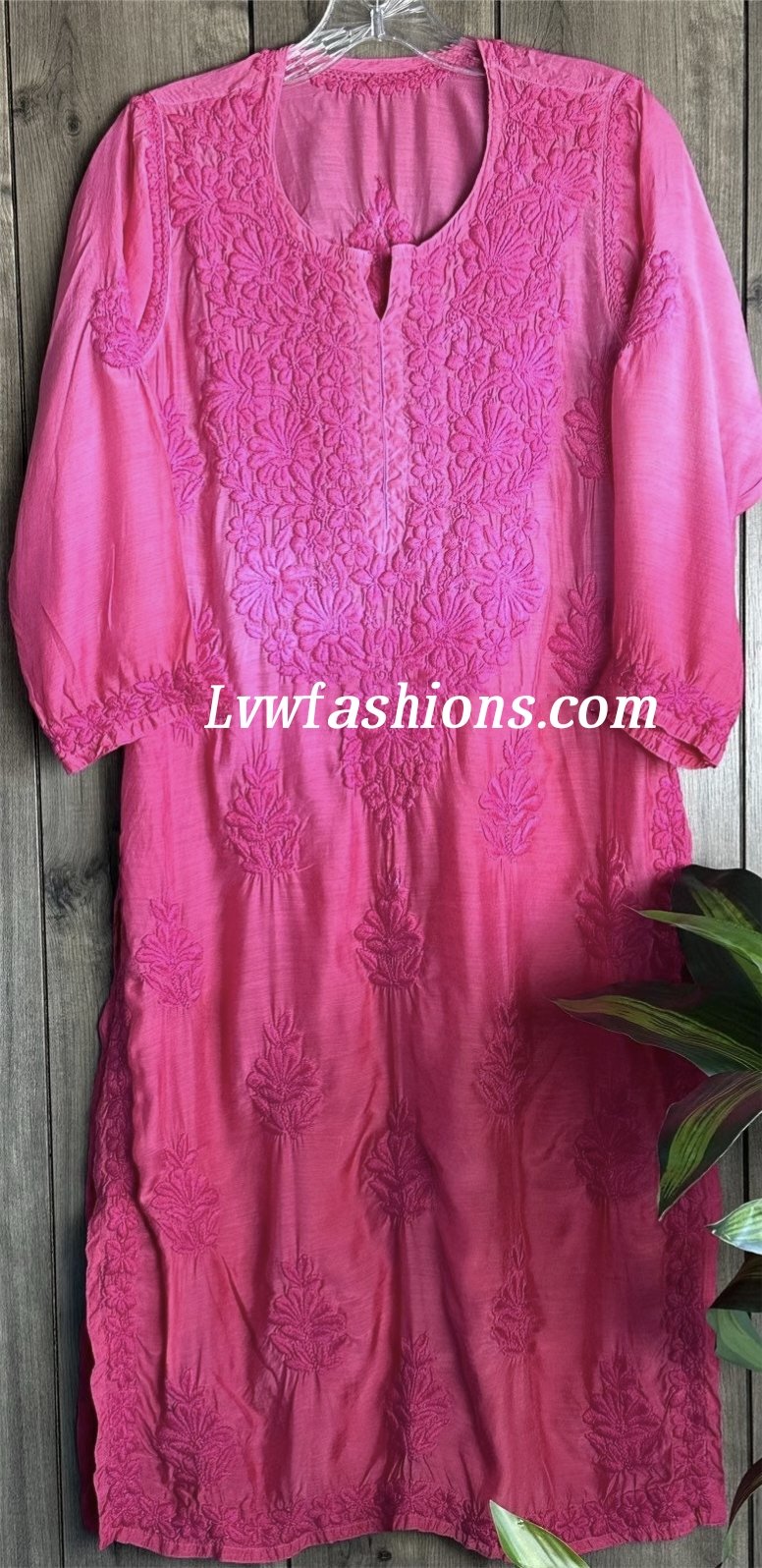 Wine-colored Mahir Silk Pure Chikankari Kurta with matching pant and dupatta, featuring intricate embroidery and inner lining.