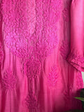 Wine-colored Mahir Silk Pure Chikankari Kurta with matching pants and dupatta, featuring intricate embroidery and an inner lining.