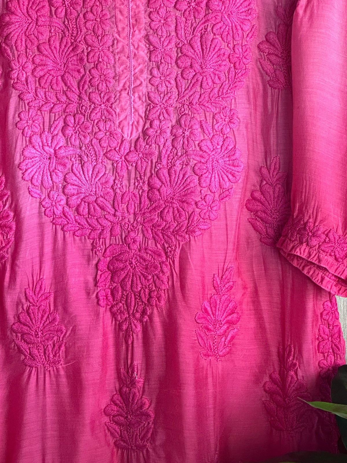 Wine-colored Mahir Silk Pure Chikankari Kurta with matching pants and dupatta, featuring intricate embroidery and an inner lining.