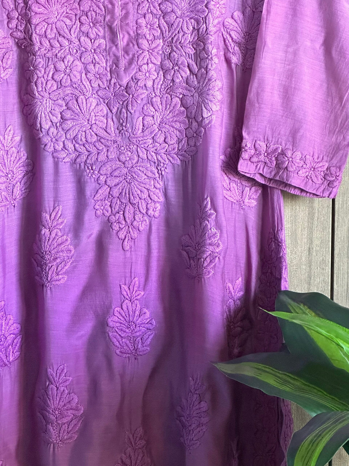 Wine-colored Mahir Silk Pure Chikankari Kurta with matching pants and dupatta, featuring intricate embroidery from LVW Fashion Luxurious Chikankari.