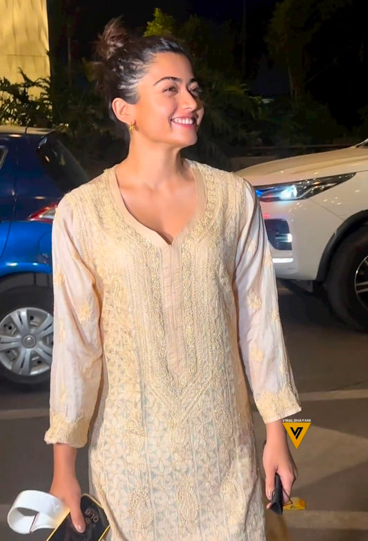 As Seen On Rashmika, LVW Fashion luxurious georgette long kurta with resham embroidery and matching pants, elegant Indian ethnic wear