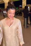 As Seen On Rashmika LVW Fashion luxurious georgette resham long kurta with matching pants, intricate chikankari embroidery.