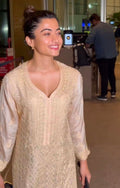 Luxurious LVW Fashion long georgette kurta with resham embroidery, matching pants, as seen on Rashmika, showcasing premium Chikankari style.