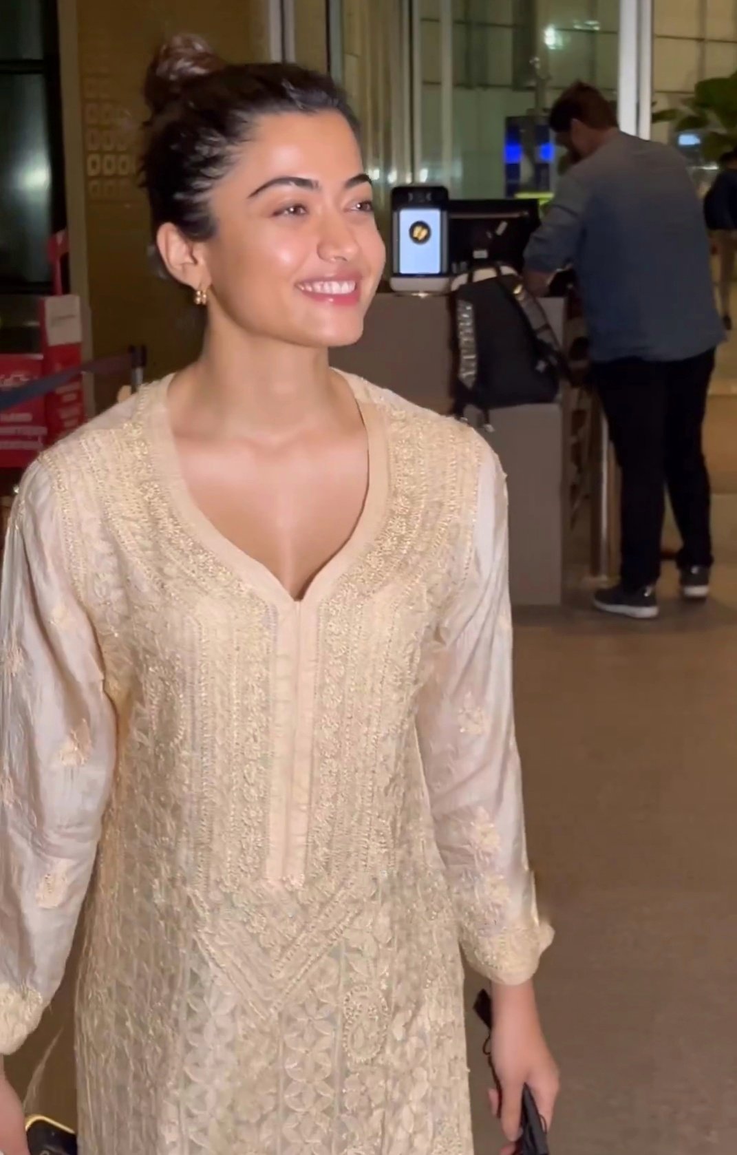 Luxurious LVW Fashion long georgette kurta with resham embroidery, matching pants, as seen on Rashmika, showcasing premium Chikankari style.