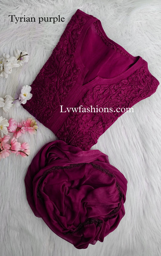 LVW Fashion luxurious Noor Kurtas in premium georgette with silk inner, featuring intricate chikankari embroidery and full set display.