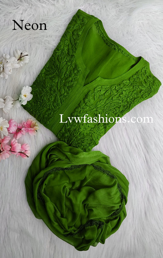 LVW Fashion Noor Kurtas in premium georgette with silk inner, featuring intricate chikankari embroidery and full-length design.