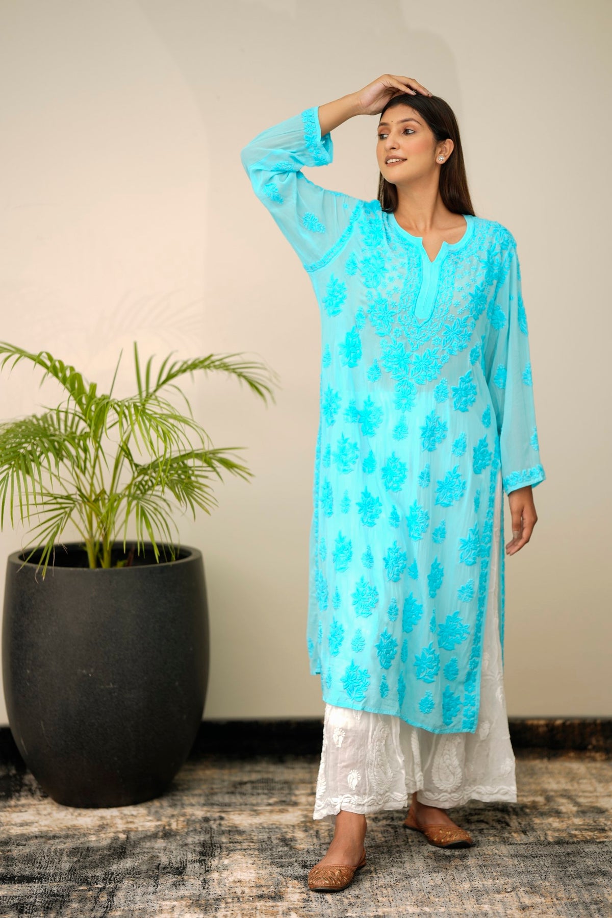 Adaya luxurious Look premium georgette Chikankari kurta with matching shade bottom dupatta, floral embroidery, and elegant design.