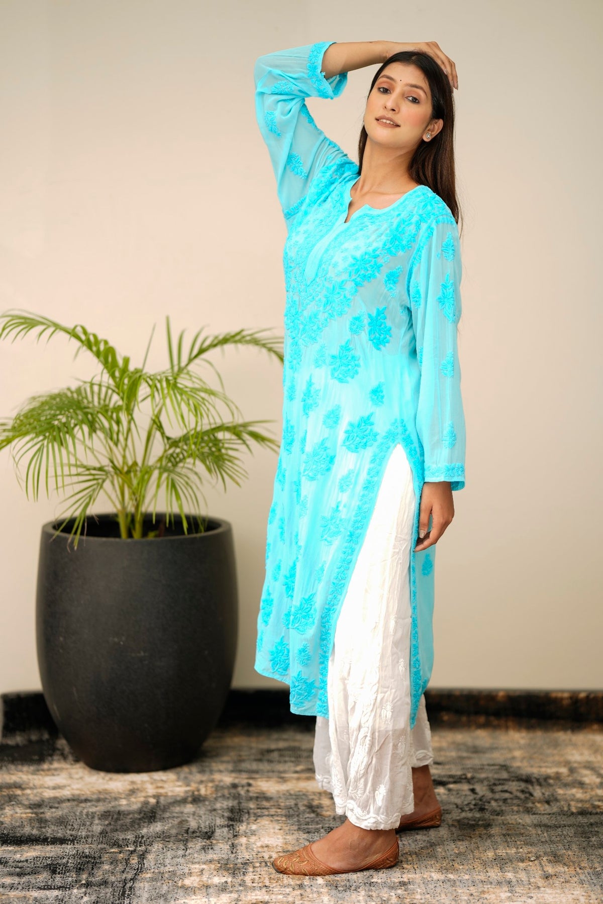 Adaya luxurious Look premium georgette Chikankari kurta with matching shade bottom dupatta, detailed embroidery, and elegant design.