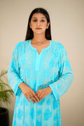 A luxurious LVW Fashion Chikankari kurta in premium georgette with matching shade dupatta, featuring intricate embroidery and elegant design.