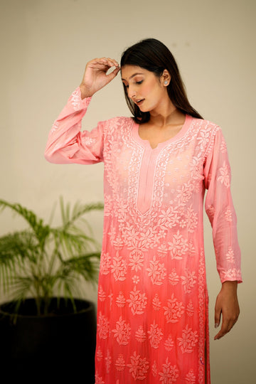 Aadya Peaches luxurious georgette chikankari kurta with matching shade dupatta, from LVW Fashion Luxurious Chikankari collection.