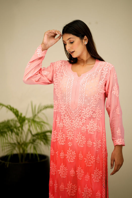 Aadya Peaches luxurious georgette chikankari kurta with matching shade dupatta, from LVW Fashion Luxurious Chikankari collection.