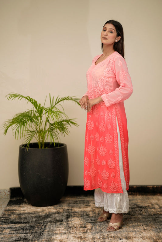 Apearing Adaya Peaches luxurious georgette Chikankari kurta with matching shade dupatta, showcasing intricate embroidery for women.