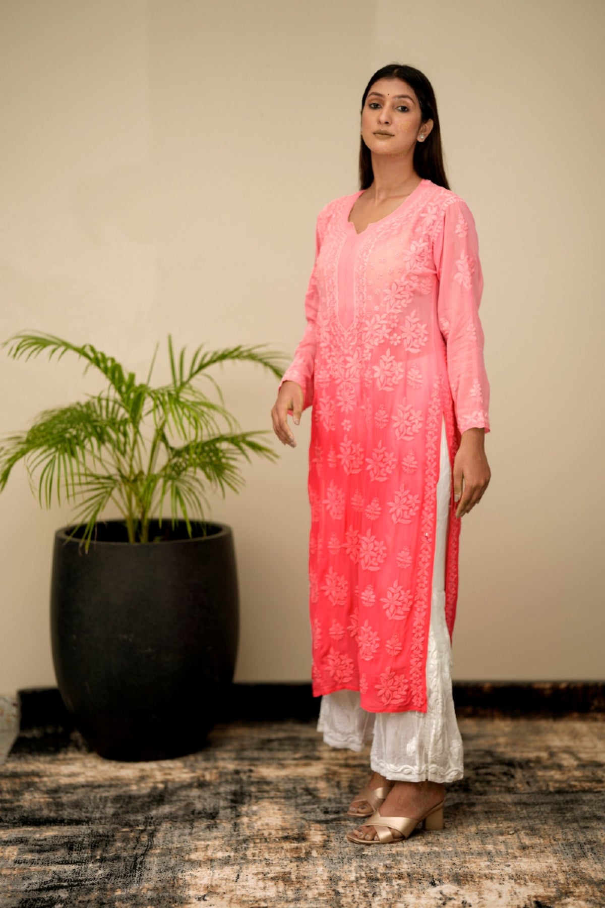A beige Adaya Peaches luxurious georgette chikankari kurta with matching dupatta, detailed embroidery, and full sleeves by LVW Fashion.