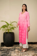 Pinkish Adaya luxury Georgette Kurta with intricate Chikankari embroidery and matching dupatta, from LVW Fashion Luxurious Chikankari.
