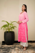 Pinkish LVW Fashion Luxurious Chikankari georgette Kurta with matching shade bottom and dupatta, showcasing intricate embroidery.