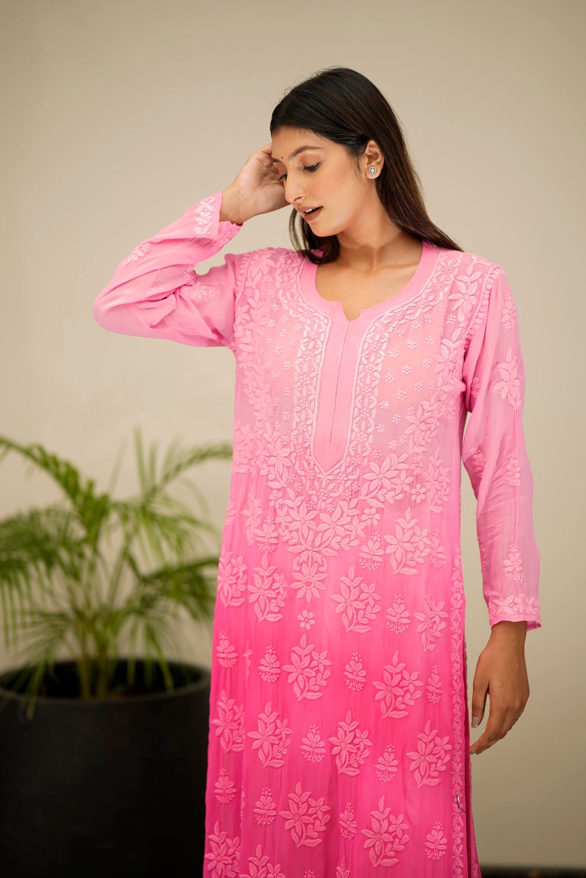 Pinkish Adaya Luxurious Georgette Chikankari Kurta with matching shade bottom dupatta, by LVW Fashion Luxurious Chikankari.