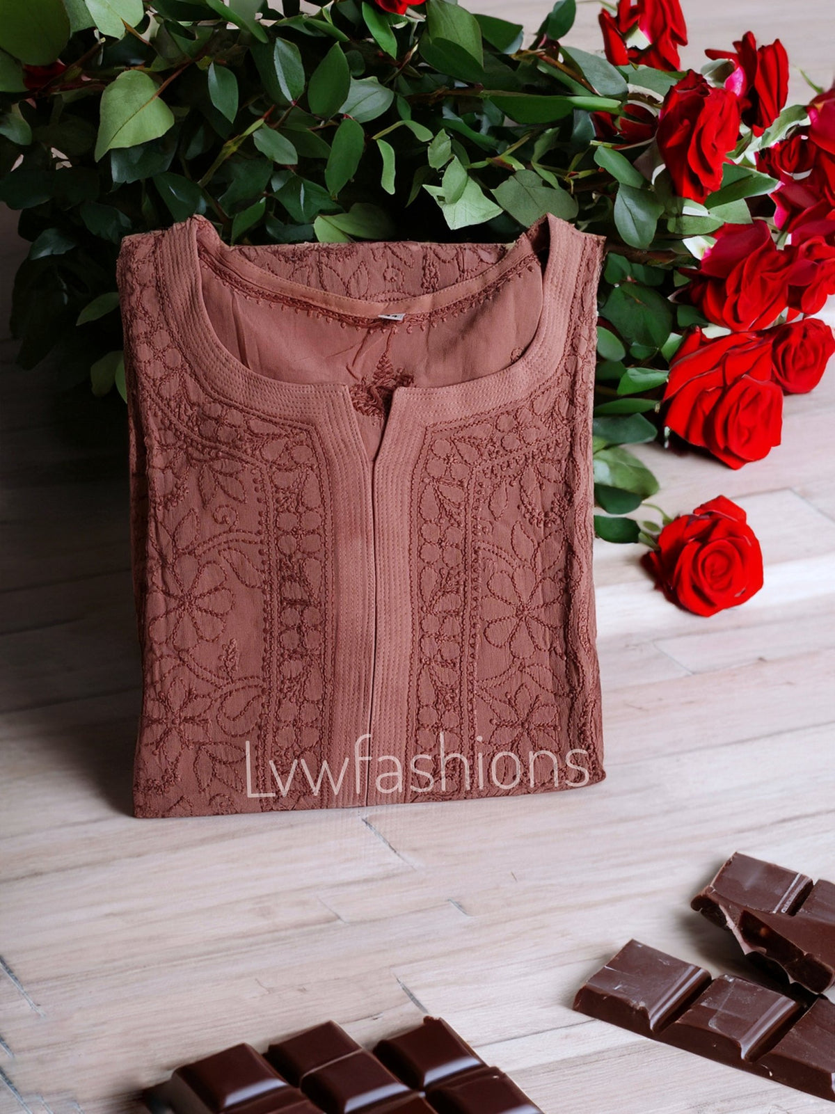 Chocolate shade Haniya Kurta in premium georgette with intricate chikankari embroidery, paired with matching dupatta.