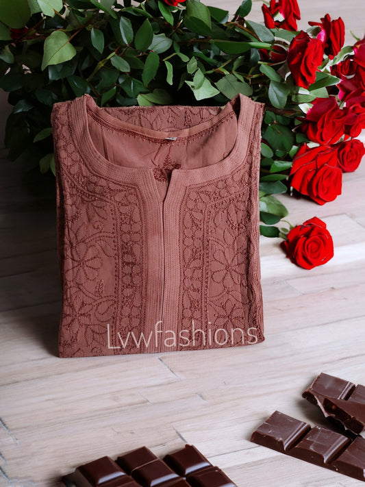 Chocolate shade Haniya Kurta in premium georgette with intricate chikankari embroidery, paired with matching dupatta.