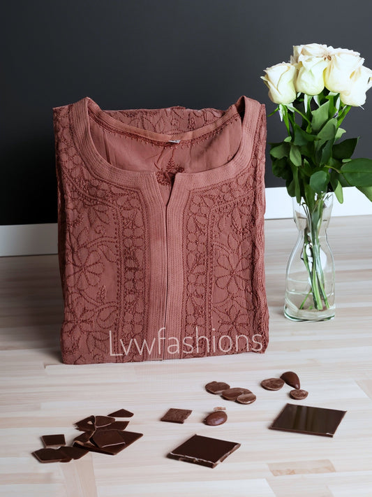Chocolate shade LVW Fashion Luxurious Chikankari long georgette kurta with intricate embroidery and matching dupatta.