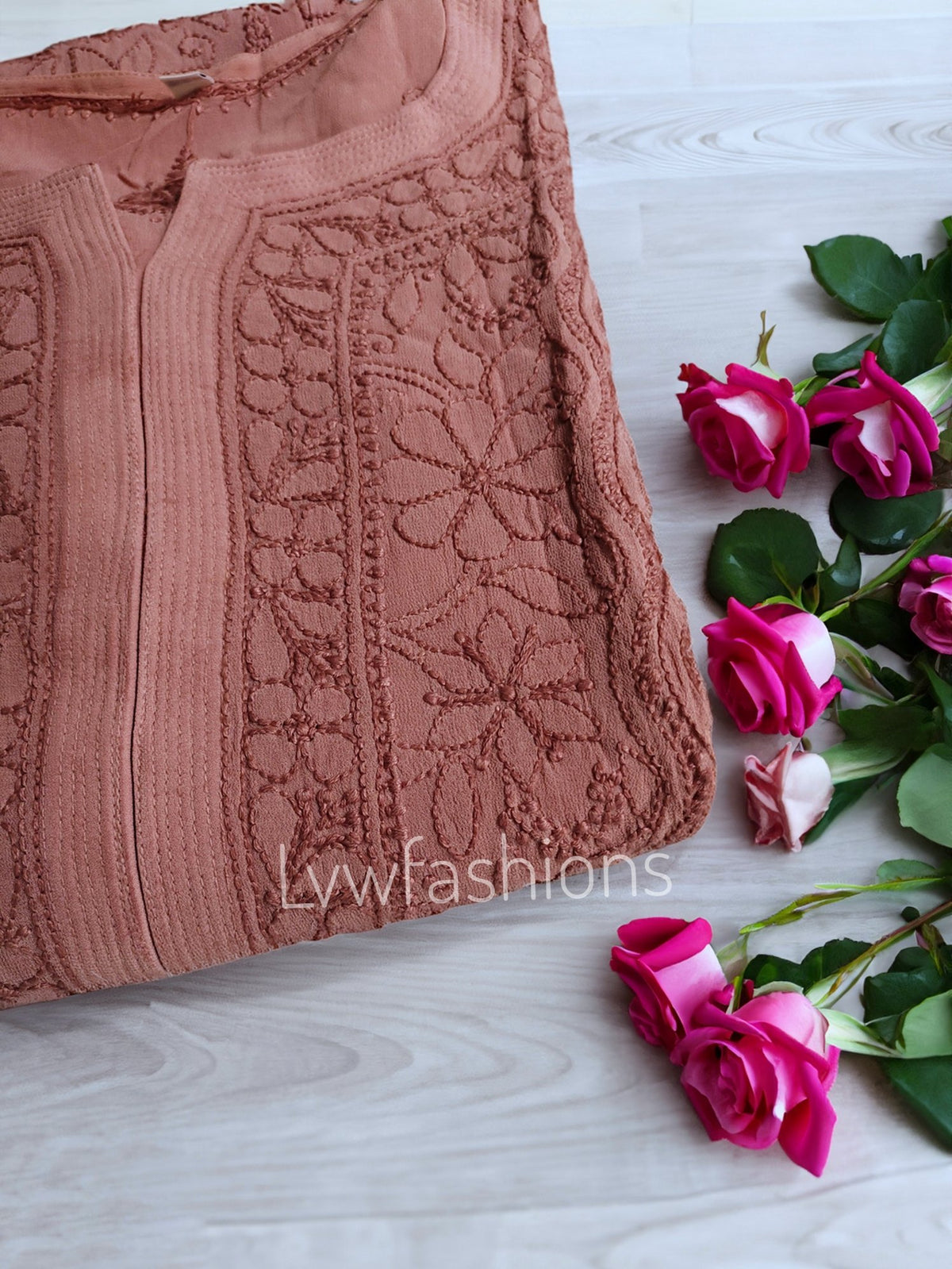 Chocolate shade Haniya Kurta by LVW Fashion in premium georgette with long chikankari detailing, paired with matching dupatta.