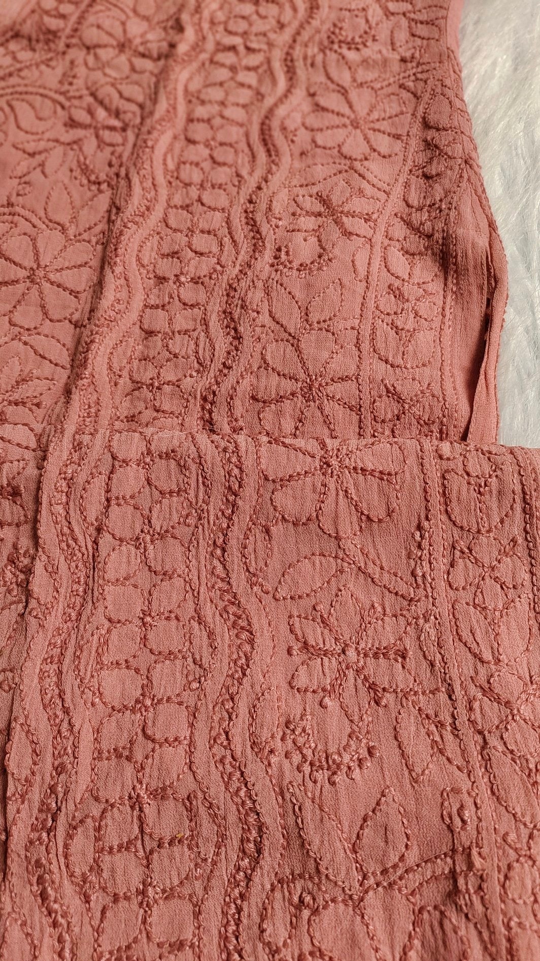 Chocolate shade Haniya Kurta in premium georgette with intricate long chikankari embroidery, paired with matching dupatta.