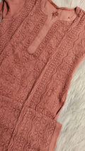 Chocolate shade Haniya Kurta in premium georgette with intricate long chikankari embroidery, paired with matching dupatta.