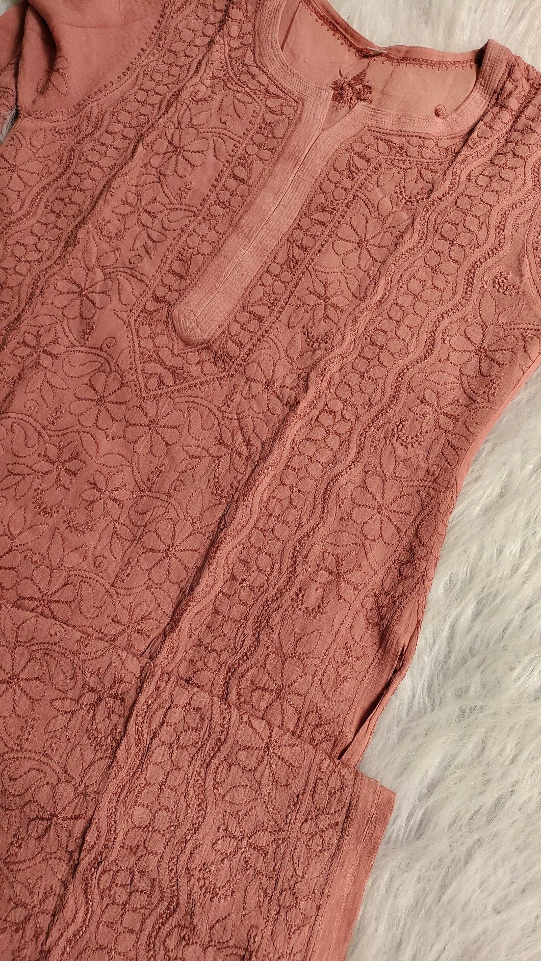 Chocolate shade Haniya Kurta in premium georgette with intricate long chikankari embroidery, paired with matching dupatta.