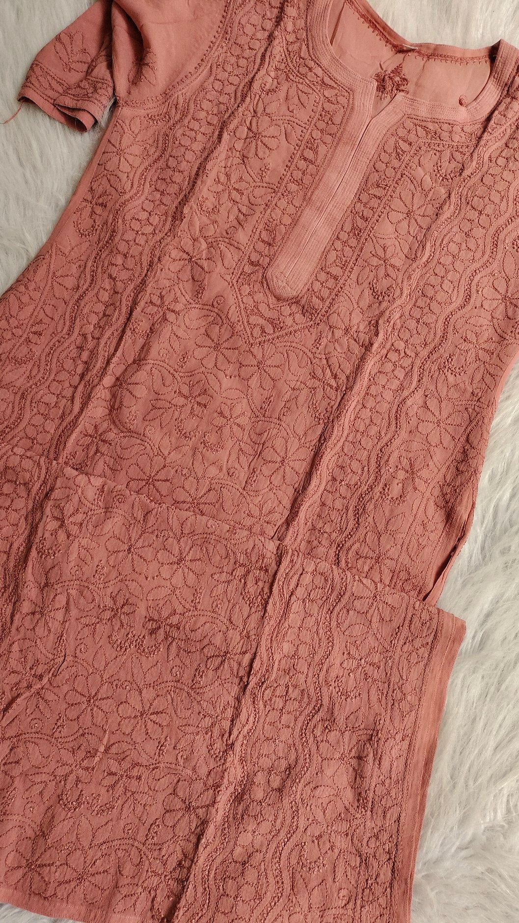 Chocolate shade LVW Fashion luxurious georgette Haniya Kurta with intricate long chikankari and matching dupatta.