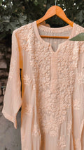 Heer Powder Peach premium silk Chikankari kurta by LVW Fashion featuring intricate embroidery and matching dupatta.