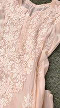 Heer Powder Peach silk Chikankari kurta with intricate embroidery, paired with matching dupatta, from LVW Fashion Luxurious Chikankari.