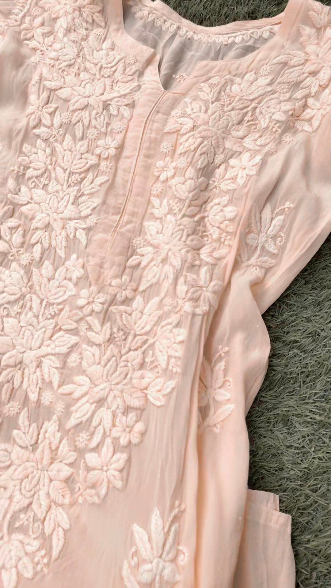 Heer Powder Peach silk Chikankari kurta with intricate embroidery, paired with matching dupatta, from LVW Fashion Luxurious Chikankari.