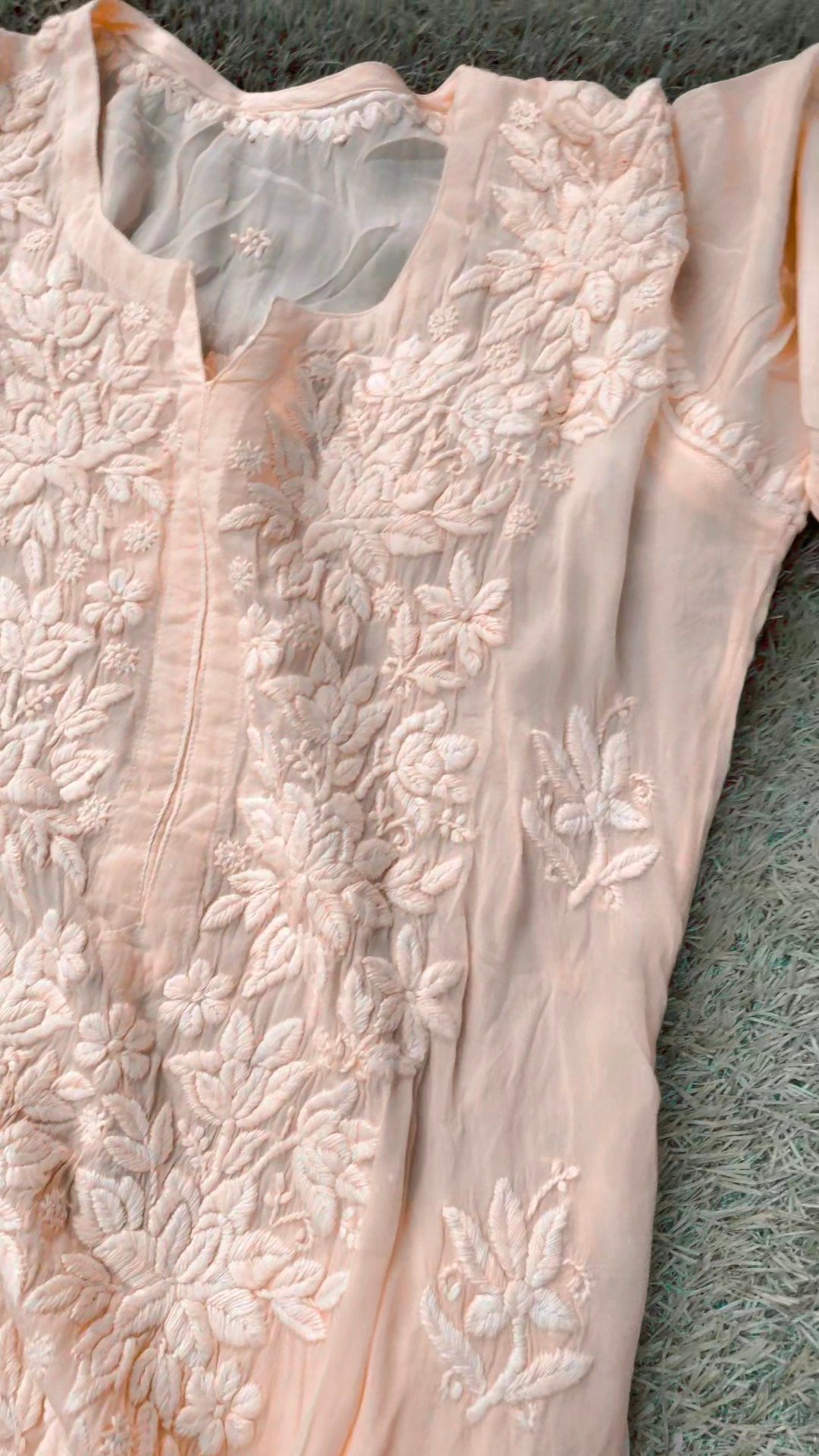 Heer Powder Peach silk Chikankari Kurta with intricate embroidery, paired with matching shade bottom dupatta, by LVW Fashion.