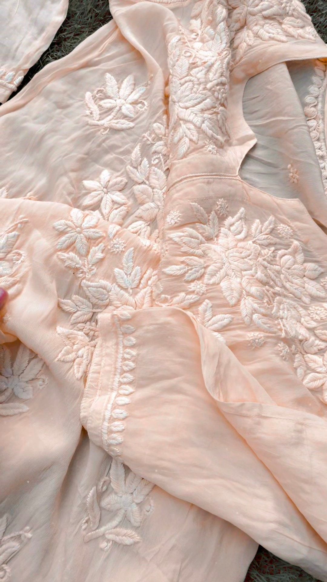 Heer Powder Peach premium silk Chikankari Kurta by LVW Fashion with matching dupatta, featuring intricate embroidery and elegant design.