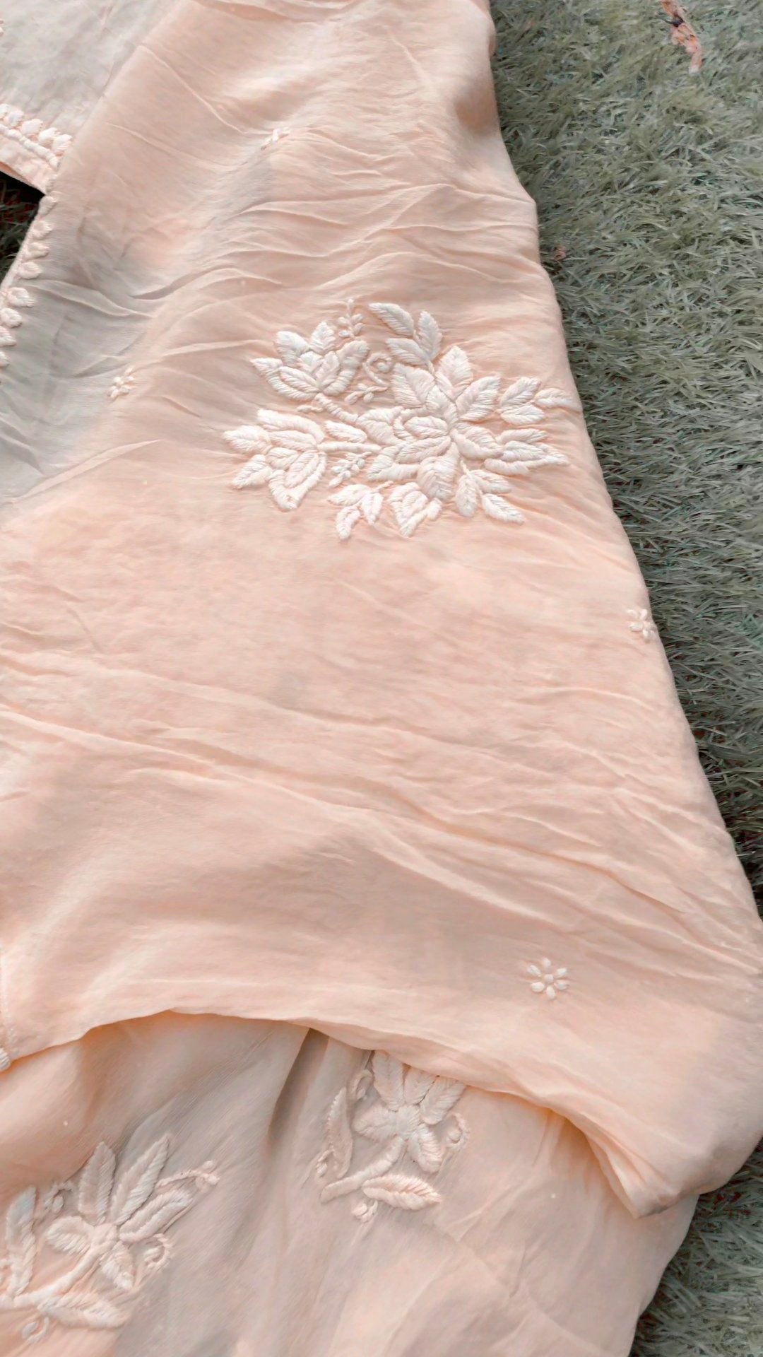 Heer Powder Peach silk Chikankari Kurta with matching Dupatta, luxurious embroidery, crafted by LVW Fashion Luxurious Chikankari.