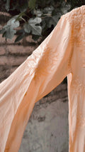 Heer Powder Peach silk Chikankari Kurta with matching dupatta, luxurious LVW Fashion Chikankari ensemble, front view.