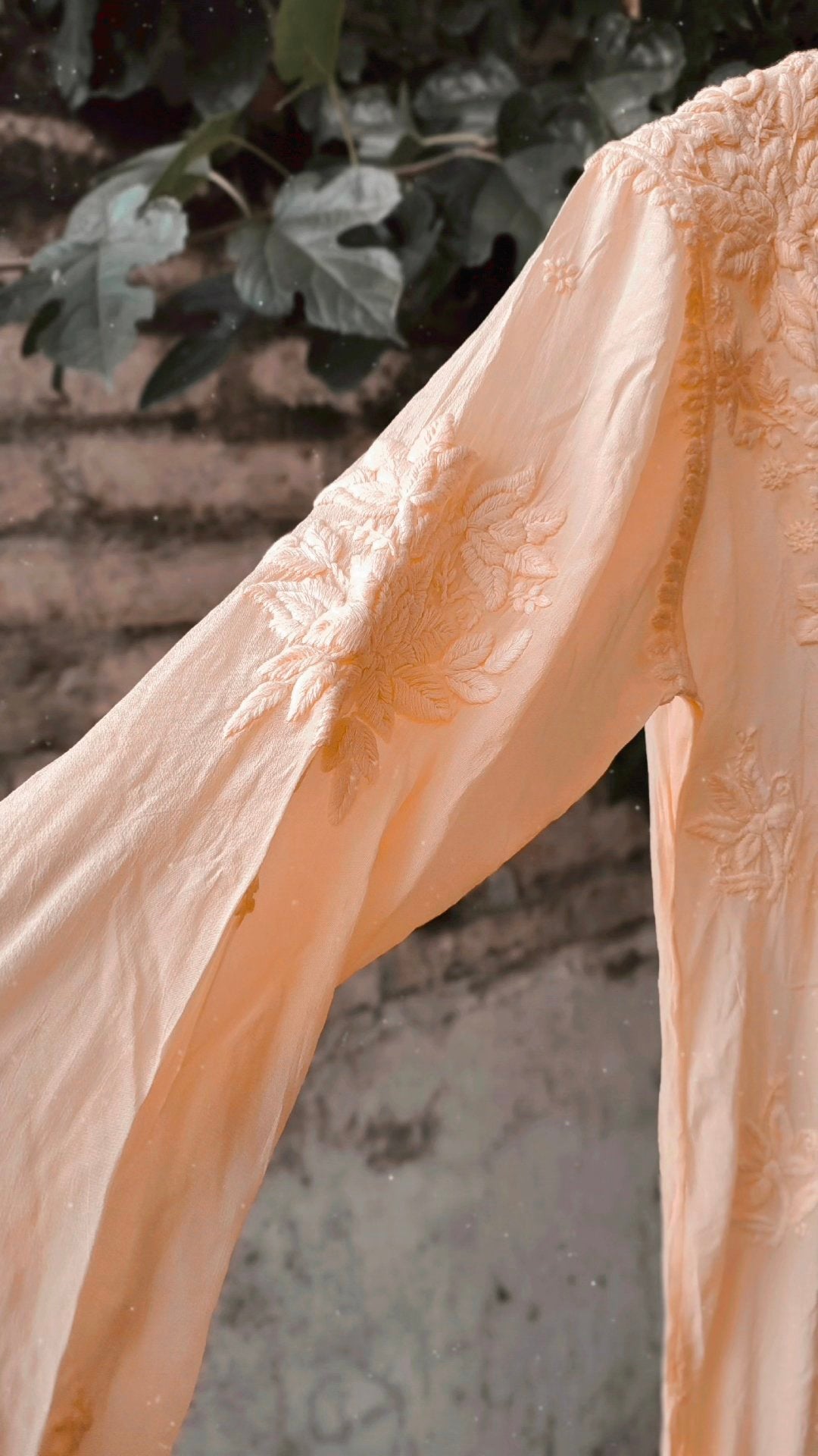 Heer Powder Peach silk Chikankari Kurta with matching dupatta, luxurious LVW Fashion Chikankari ensemble, front view.