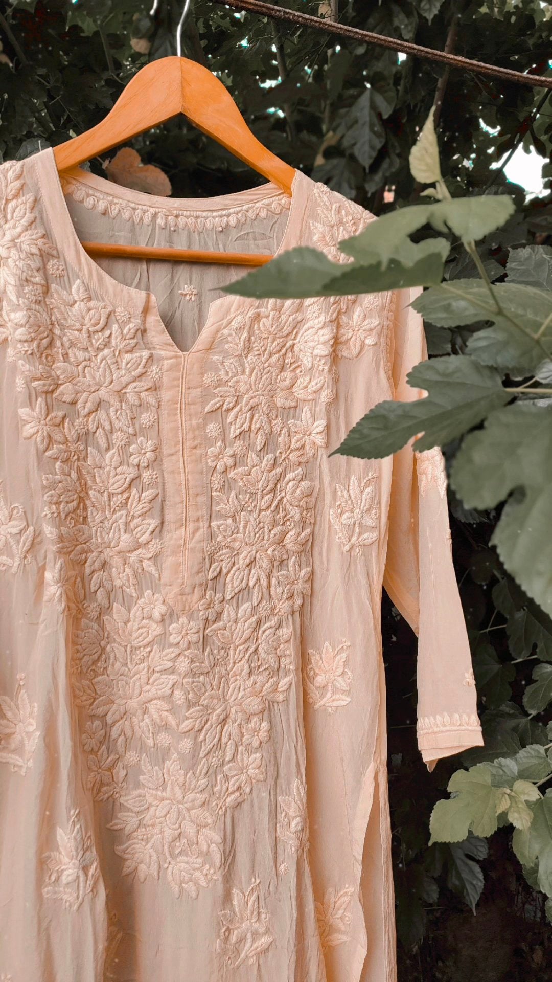 Heer Powder Peach premium silk Chikankari kurta with matching dupatta, handcrafted by LVW Fashion Luxurious Chikankari.