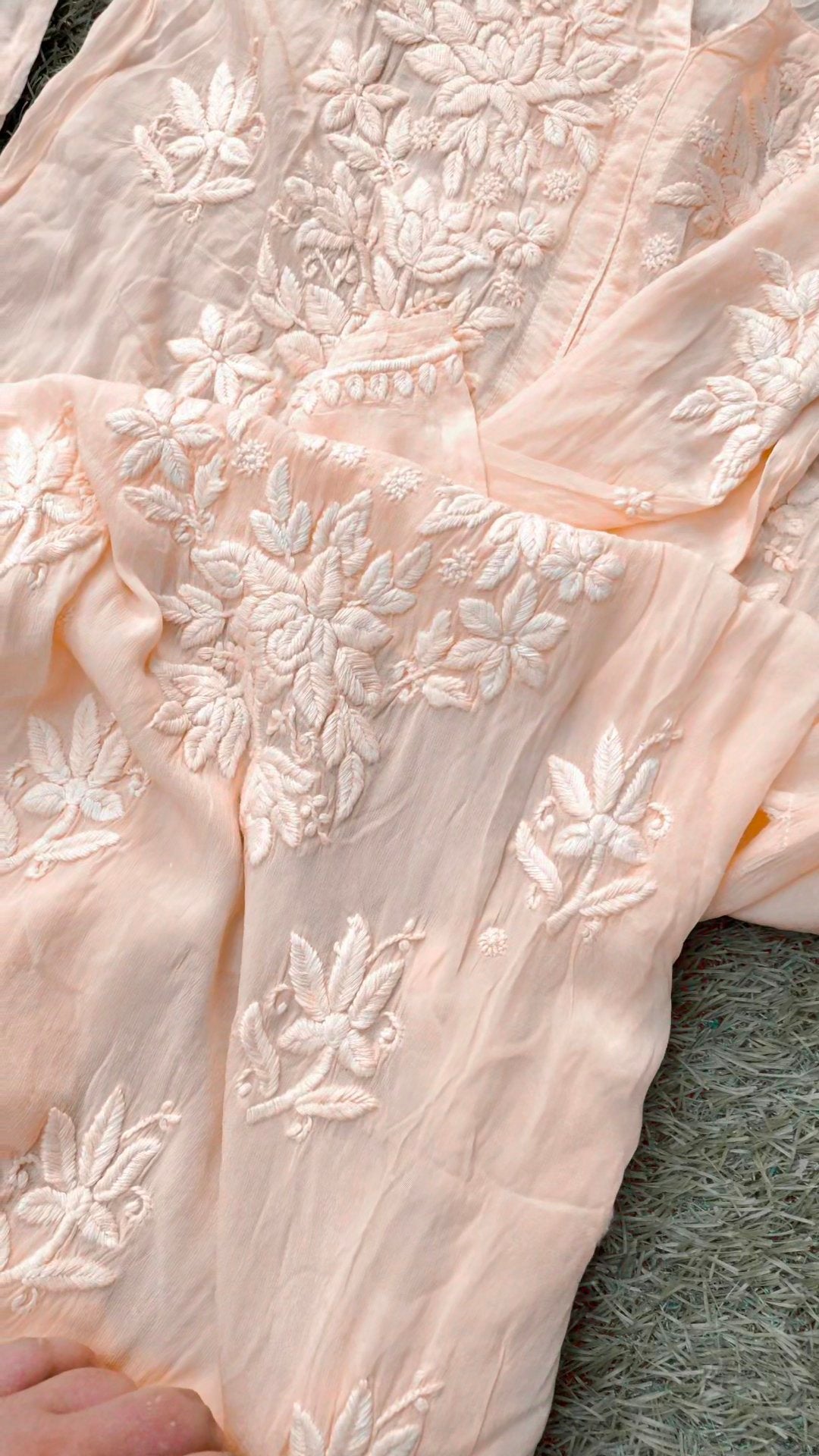 Heer Powder Peach premium silk Chikankari Kurta by LVW Fashion with matching shade dupatta, showcasing intricate embroidery.