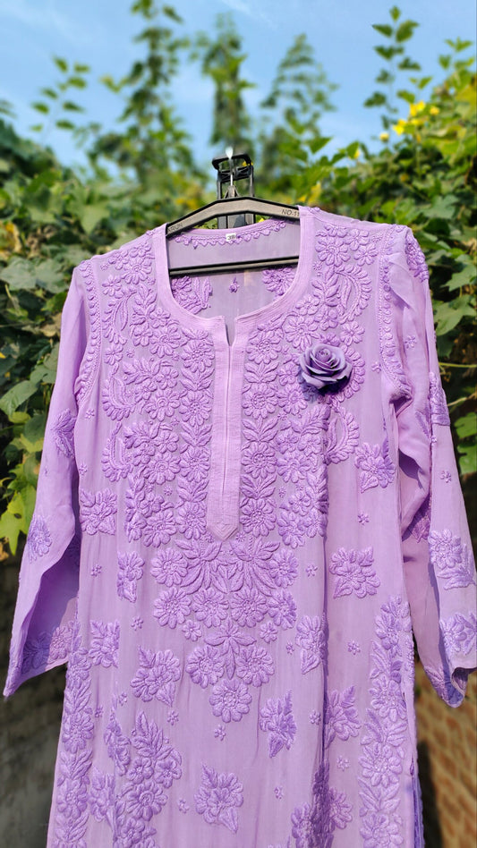 Lavender Rose premium georgette kurta with intricate chikankari embroidery, paired with matching shade dupatta, by LVW Fashion Luxurious Chikankari.