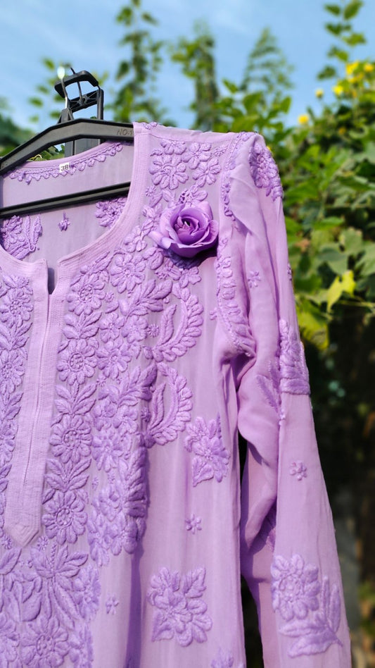 Lavender Rose premium georgette Chikankari kurta with matching dupatta, elegant and luxurious design by LVW Fashion.