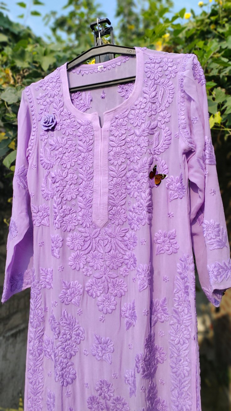 Lavender Rose luxurious georgette kurta with intricate chikankari embroidery, paired with matching shade dupatta, from LVW Fashion.