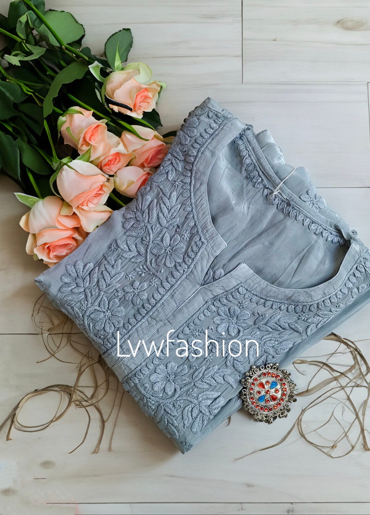 Neer Grayish premium muslin silk long kurta with 3D Chikankari embroidery, paired with matching shade dupatta, by LVW Fashion Luxurious Chikankari.