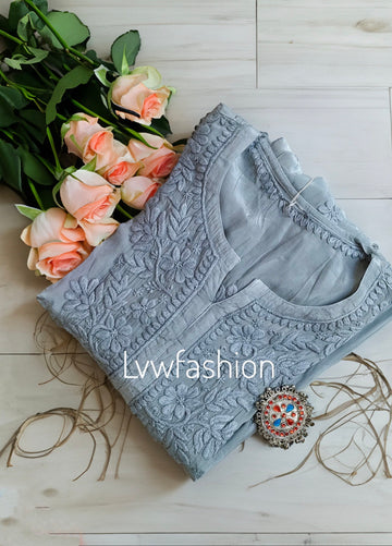 Neer Grayish premium muslin silk long kurta with 3D Chikankari embroidery, paired with matching shade dupatta, by LVW Fashion Luxurious Chikankari.
