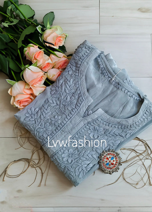 Neer Grayish premium muslin silk long kurta with 3D Chikankari embroidery, paired with matching shade dupatta, by LVW Fashion Luxurious Chikankari.