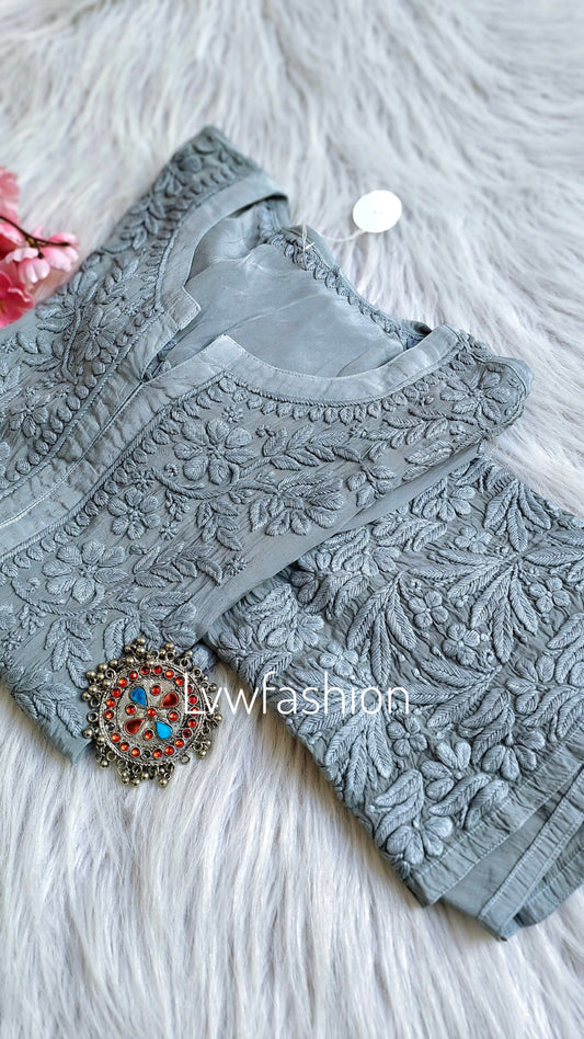 Grayish NEER premium Muslin Silk long Kurta with 3D Chikankari embroidery and matching dupatta, crafted by LVW Fashion Luxurious Chikankari.