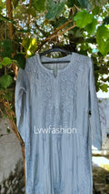 Grayish NEER premium muslin silk long kurta with 3D Chikankari embroidery and matching dupatta, from LVW Fashion Luxurious Chikankari.