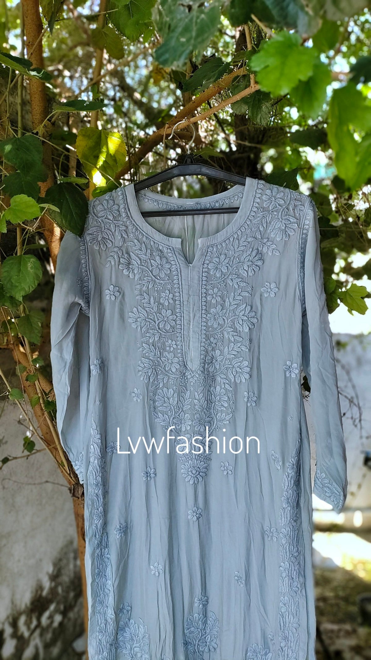 Grayish NEER premium muslin silk long kurta with 3D Chikankari embroidery and matching dupatta, from LVW Fashion Luxurious Chikankari.